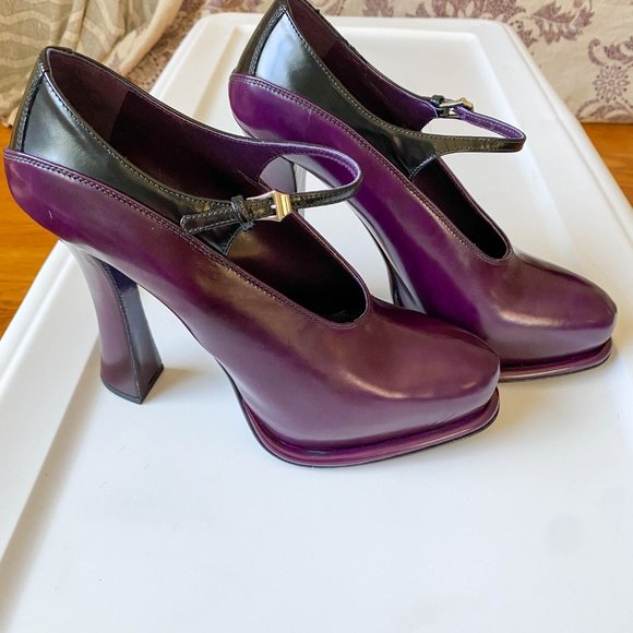 Perfect for Fall/Winter! Prada Purple/Black Patent Leather Maryjane Heels - Picture 2 of 9